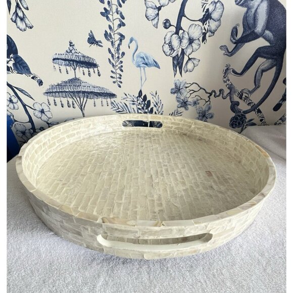 Round Mother Of Pearl Tray White Capiz Shell 16" D Ivory White Elegant Beautiful - Picture 10 of 11
